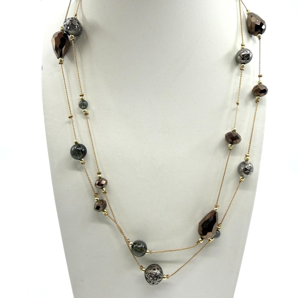Elegant Layered Brown Crystal Bead Station Necklace Glamour Jewelry Gift Idea